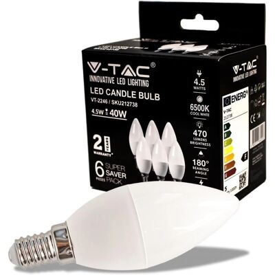 V-TAC VT-2246 Lampadina LED Candela - E14, 4.5W, Bianco freddo V-TAC VT-2246 Lampadina LED Candela - E14, 4.5W, Bianco freddo
