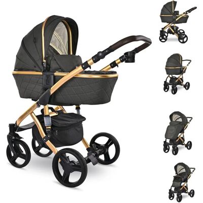 Lorelli Rimini Premium Kinderwagen - Schwarz Gold - Verstellbares Mückennetz Lorelli Rimini Premium Kinderwagen - Schwarz Gold - Verstellbares Mückennetz