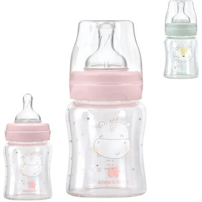 Kikkaboo Baby Glasflasche - Weithals, Silikon S, Rosa Kikkaboo Baby Glasflasche - Weithals, Silikon S, Rosa