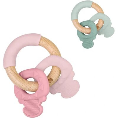 Giocattolo da dentizione rosa in silicone e faggio - Giocattolo da mordere Giocattolo da dentizione rosa in silicone e faggio - Giocattolo da mordere