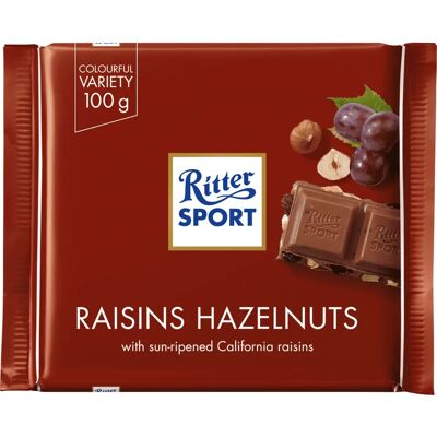Tablette de Chocolat Noir Ritter Sport - Chocolat aux noisettes et raisins - Publicité Tablette de Chocolat Noir Ritter Sport - Chocolat aux noisettes et raisins - Publicité