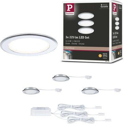 Paulmann LED Möbeleinbauleuchten - 3er-Set, rund 65mm, Chrom, 3000K Paulmann LED Möbeleinbauleuchten - 3er-Set, rund 65mm, Chrom, 3000K