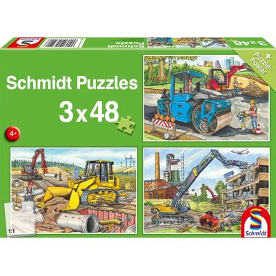 Schmidt Spiele 56520 - Kinderpuzzel Bouwvoertuigen - 3x48 Stukken Schmidt Spiele 56520 - Kinderpuzzel Bouwvoertuigen - 3x48 Stukken
