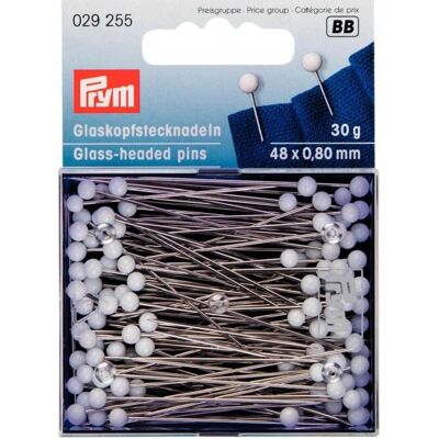 Alfinetes Prym com cabeça de vidro 0,80 x 48mm Branco - 30g Alfinetes Prym com cabeça de vidro 0,80 x 48mm Branco - 30g