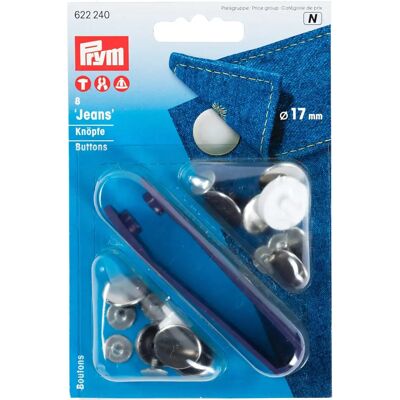 Botões de jeans Prym prateados - 17mm - Pacote com 8 Botões de jeans Prym prateados - 17mm - Pacote com 8