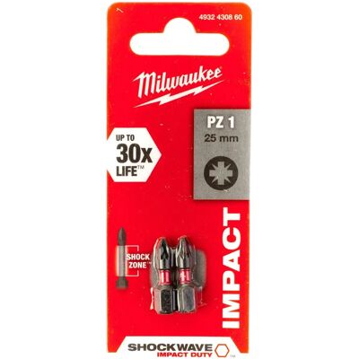 Milwaukee PZ1 25MM Impact Drive Bit - Shockwave, 2 stuks Milwaukee PZ1 25MM Impact Drive Bit - Shockwave, 2 stuks