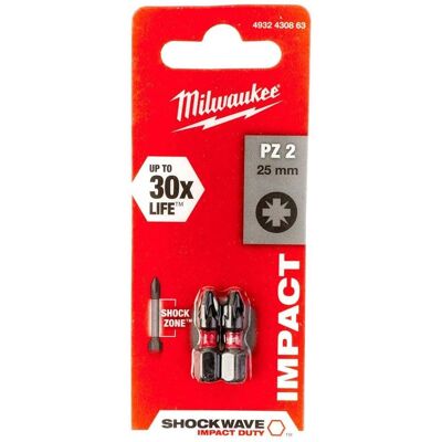 Milwaukee Shockwave Impact Bit - PZ2 x 25 mm - 2 stuks Milwaukee Shockwave Impact Bit - PZ2 x 25 mm - 2 stuks