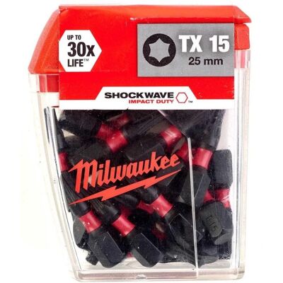 Pontas Milwaukee TX15 Impact - 25mm, 25 peças, Shockzone, Resistente a impactos Pontas Milwaukee TX15 Impact - 25mm, 25 peças, Shockzone, Resistente a impactos