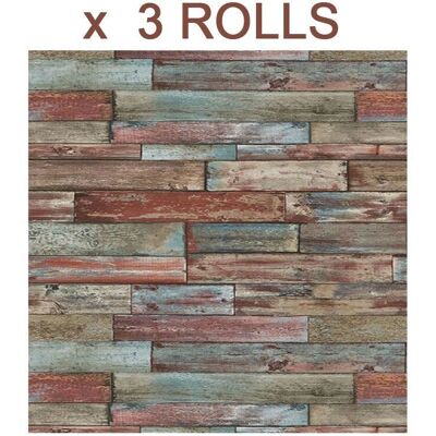 Erismann Wood Effect Wallpaper - Red, Blue, Brown - Wallpaper Erismann Wood Effect Wallpaper - Red, Blue, Brown - Wallpaper