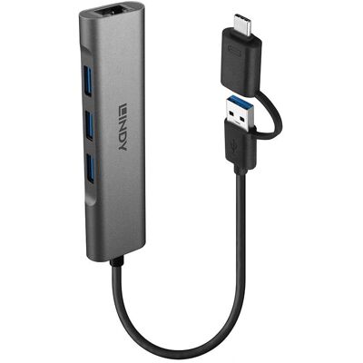 Lindy USB Hub & Ethernet-Adapter - USB 3.2, Grau Lindy USB Hub & Ethernet-Adapter - USB 3.2, Grau