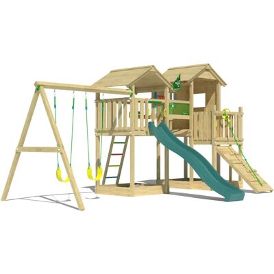 Jungle Gym Stronghold - Spielturm mit 2 Türmen, Schaukel, Rutsche Jungle Gym Stronghold - Spielturm mit 2 Türmen, Schaukel, Rutsche