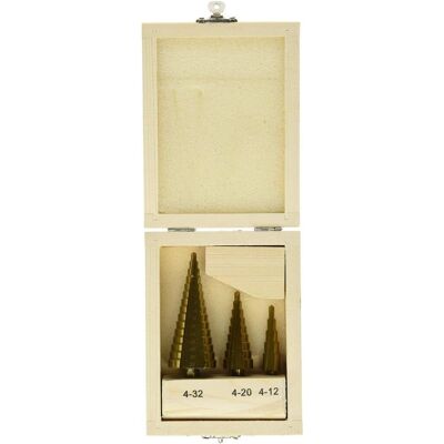 Conjunto de 3 brocas de degraus Mannesmann - HSS e titânio - Caixa de madeira Conjunto de 3 brocas de degraus Mannesmann - HSS e titânio - Caixa de madeira