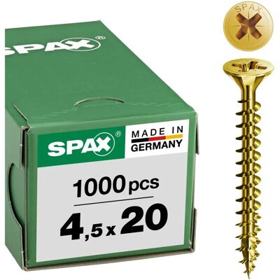 SPAX FRANCE - tornillo yellox Pozidrive - Ø4,5 x 20 mm - Cabeza svasata - Rosca completa - 1000 unidades SPAX FRANCE - tornillo yellox Pozidrive - Ø4,5 x 20 mm - Cabeza svasata - Rosca completa - 1000 unidades