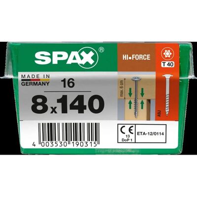 SPAX HI.FORCE 8 x 140 mm - Filettatura parziale, Testa piana, T-STAR T40 - 16 pezzi SPAX HI.FORCE 8 x 140 mm - Filettatura parziale, Testa piana, T-STAR T40 - 16 pezzi