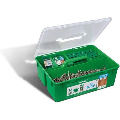 Kit profesional de fijación Spax - Tornillos de acero inoxidable para 25m² Kit profesional de fijación Spax - Tornillos de acero inoxidable para 25m²