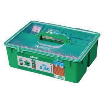 Spax Francia - Kit terrazza resina - 850 viti 4,5x60 A2 + distanziatori + 5 punte Spax Francia - Kit terrazza resina - 850 viti 4,5x60 A2 + distanziatori + 5 punte