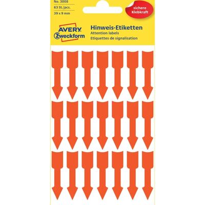 Avery Modèle 3008 Étiquettes flèche orange - 39x9mm, Lot de 63 Avery Modèle 3008 Étiquettes flèche orange - 39x9mm, Lot de 63