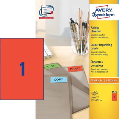 Avery 3470 Címke - Öntapadós, A4, Piros - Címke Avery 3470 Címke - Öntapadós, A4, Piros - Címke