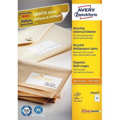 Avery LR3475 Resirkulerte Etiketter - 70x36mm - 2400 stk Avery LR3475 Resirkulerte Etiketter - 70x36mm - 2400 stk