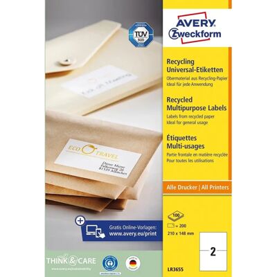 Étiquettes recyclées Avery LR3655 - 210x148mm - 200 pièces Étiquettes recyclées Avery LR3655 - 210x148mm - 200 pièces