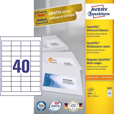 Avery 3651 Hvite Selvklebende Etiketter - Rektangel 52,5x29,7mm - 4000 stk Avery 3651 Hvite Selvklebende Etiketter - Rektangel 52,5x29,7mm - 4000 stk