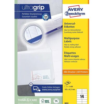 Avery Zweckform 3653 Adresseetiketter - 1400 Selvklebende, 105x42mm Avery Zweckform 3653 Adresseetiketter - 1400 Selvklebende, 105x42mm