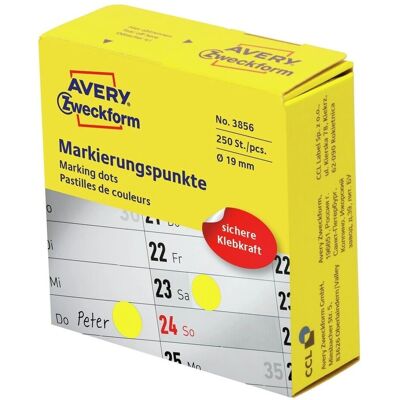 Étiquettes rondes jaunes Avery 3856 - Auto-adhésives, 19mm, 250 pcs Étiquettes rondes jaunes Avery 3856 - Auto-adhésives, 19mm, 250 pcs