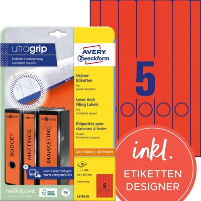 Avery L4748 - Mappetiketter - Röd - 38 x 297 mm - 100 st Avery L4748 - Mappetiketter - Röd - 38 x 297 mm - 100 st