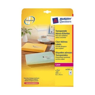 Transparente adresseringsetiketter Avery L4770-25 - 1000 stk, laser kompatibel Transparente adresseringsetiketter Avery L4770-25 - 1000 stk, laser kompatibel