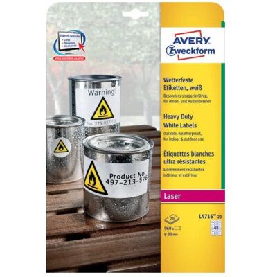 Avery Hvite Runde Værbestandige Labels - 960 stk Avery Hvite Runde Værbestandige Labels - 960 stk