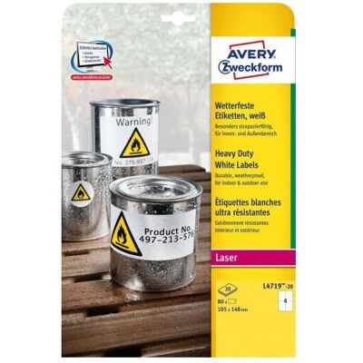 Avery L4719 White Weatherproof Labels - 105x148mm - 80 pcs Avery L4719 White Weatherproof Labels - 105x148mm - 80 pcs