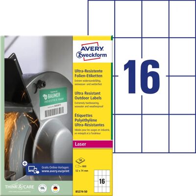 Avery B5274-50 Hvite temperaturbestandige etiketter - Etiketter Avery B5274-50 Hvite temperaturbestandige etiketter - Etiketter