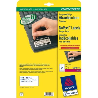 Avery L6146-20 Hvite sikkerhetsetiketter - 480 stk Avery L6146-20 Hvite sikkerhetsetiketter - 480 stk