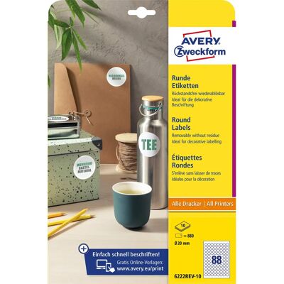 Avery Modell SAV-6222REV-10 Fjernbare runde etiketter 20mm Avery Modell SAV-6222REV-10 Fjernbare runde etiketter 20mm