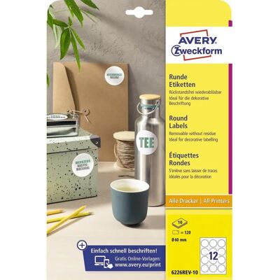 Avery Zweckform 6226rev-10 Étiquettes Rondes - A4, Ø60mm, 120 pcs Avery Zweckform 6226rev-10 Étiquettes Rondes - A4, Ø60mm, 120 pcs