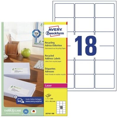 Resirkulerte Avery LR7161-100 etiketter - 63,6x46,6mm - 1800 stk Resirkulerte Avery LR7161-100 etiketter - 63,6x46,6mm - 1800 stk