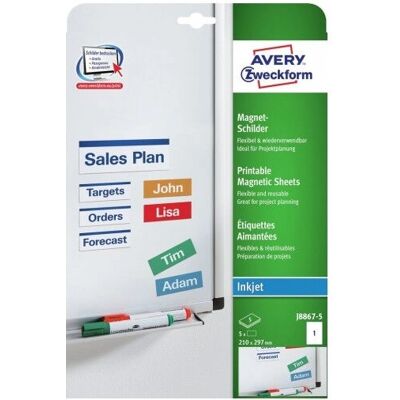 Avery J8867-5 Hvite Magnetetiketter - Rektangel, 5 stk. Avery J8867-5 Hvite Magnetetiketter - Rektangel, 5 stk.