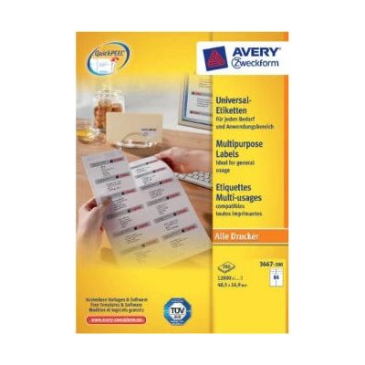 Avery 3667-200 Selbstklebende Etiketten - Weiß, 48,5x16,9mm, 14080 Stk Avery 3667-200 Selbstklebende Etiketten - Weiß, 48,5x16,9mm, 14080 Stk