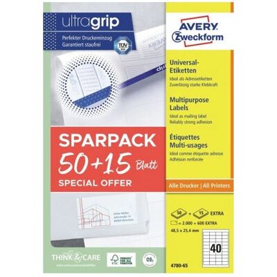 Avery Zweckform 4780-65 Weiße Selbstklebende Etiketten - 2600 St Avery Zweckform 4780-65 Weiße Selbstklebende Etiketten - 2600 St