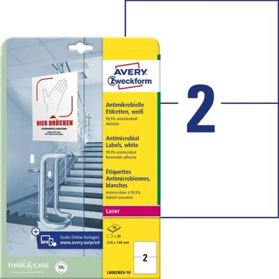 Avery L8002rev-10 Weiße antimikrobielle Etiketten - 210x148mm Avery L8002rev-10 Weiße antimikrobielle Etiketten - 210x148mm