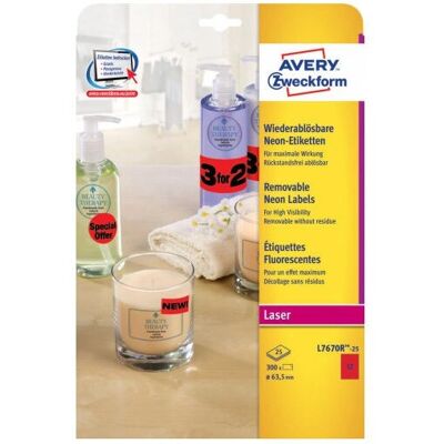 Avery Neonrøde runde etiketter - 300 selvklebende avtagbare merker Avery Neonrøde runde etiketter - 300 selvklebende avtagbare merker
