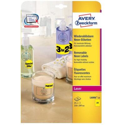 Étiquettes autocollantes amovibles néon jaunes Avery L6006-25 - 25 pcs - Publicité Étiquettes autocollantes amovibles néon jaunes Avery L6006-25 - 25 pcs - Publicité