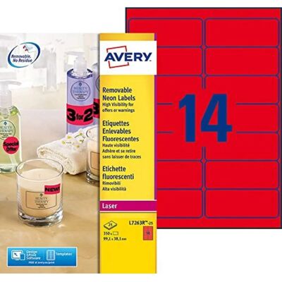 Avery L7263R Neon Červené Odlepitelné Štítky - 350 - Laser & Inkjet Avery L7263R Neon Červené Odlepitelné Štítky - 350 - Laser & Inkjet
