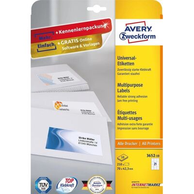 Avery Zweckform 3652-10 Weiße Permanentetiketten - Rechteck - 210 Stück Avery Zweckform 3652-10 Weiße Permanentetiketten - Rechteck - 210 Stück