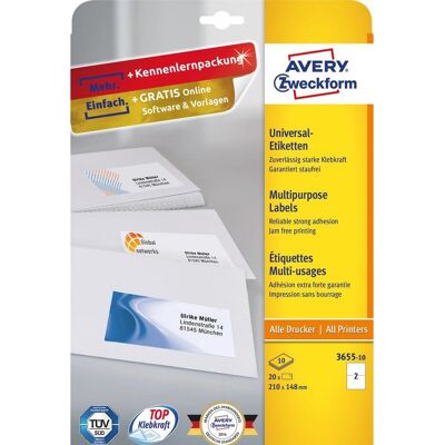 Avery Zweckform 3655-10 Weiße Rechteck-Etiketten - Selbstklebend Avery Zweckform 3655-10 Weiße Rechteck-Etiketten - Selbstklebend