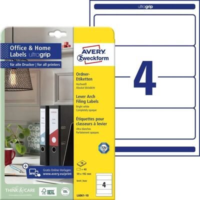 Avery L6061-10 mappeetiketten - Wit, 59x192mm, 40 stuks Avery L6061-10 mappeetiketten - Wit, 59x192mm, 40 stuks