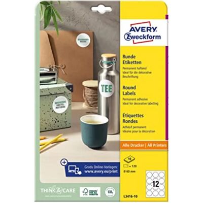 Avery Zweckform Modell L3416-10 Runde 60mm Weiß Etiketten - Labels Avery Zweckform Modell L3416-10 Runde 60mm Weiß Etiketten - Labels