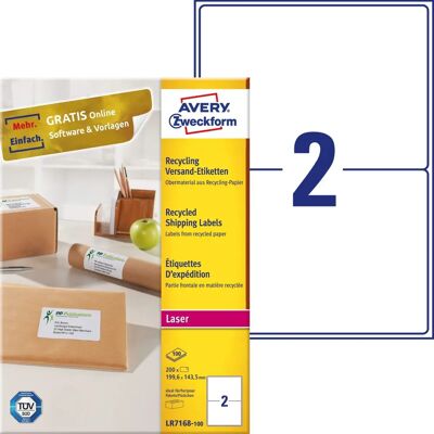 Fogli di Etichette Riciclate Bianche Avery - Laser - 200 pezzi Fogli di Etichette Riciclate Bianche Avery - Laser - 200 pezzi