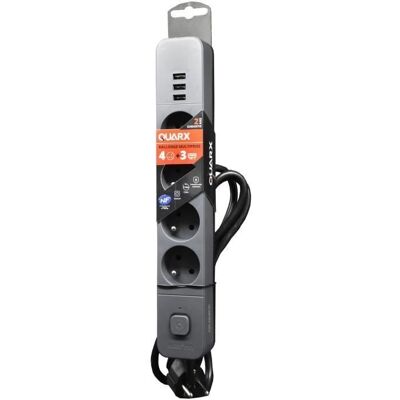 QUARX Multiprise - 4 Prises, 3 Ports USB, Câble 3m - Multiprise - Publicité QUARX Multiprise - 4 Prises, 3 Ports USB, Câble 3m - Multiprise - Publicité