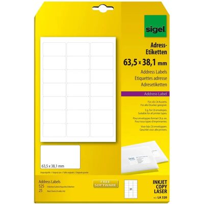 Sigel - LA320 - 63,5x38,1mm - Weiß - Adressetiketten Sigel - LA320 - 63,5x38,1mm - Weiß - Adressetiketten